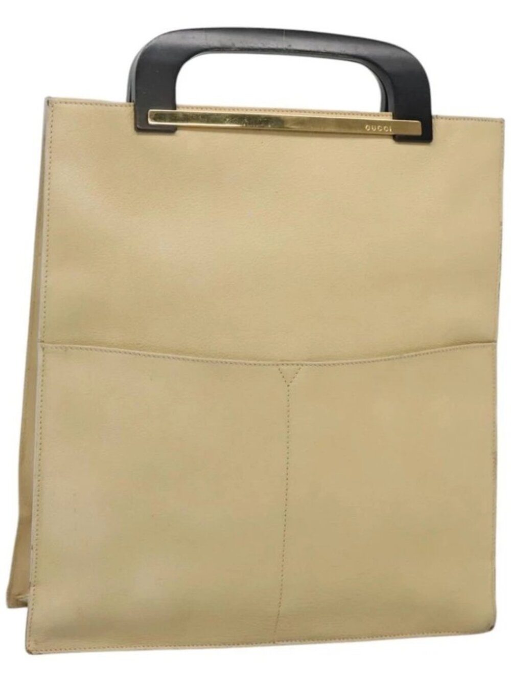 GUCCI Hand Bag Leather Beige Gold Auth BA1025